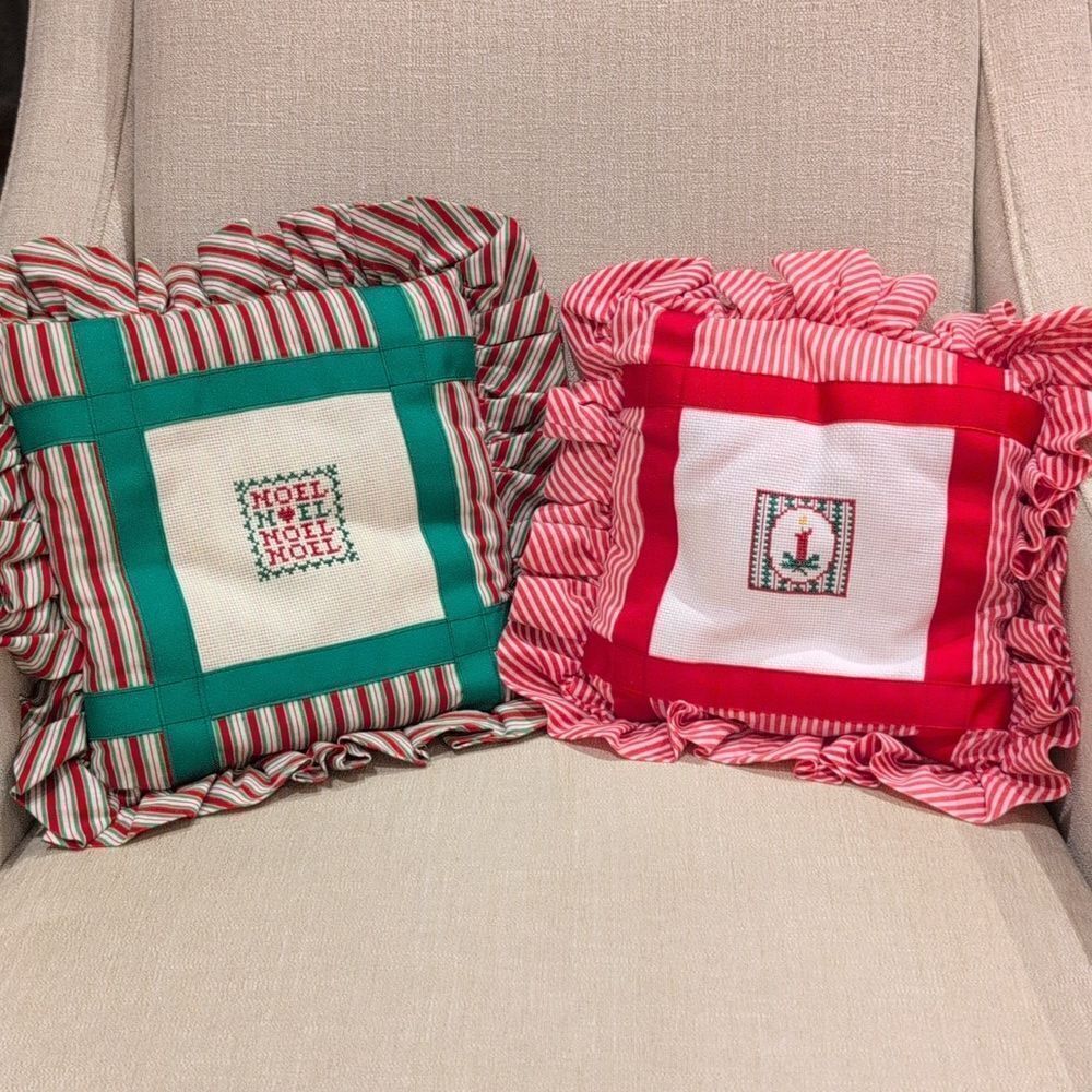 Handcrafted Festive Red and Green Ruffled Cross-stitch Holiday Pillows Set of 2